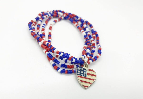 Vintage Red, White and Blue Beaded Bracelet with American Flag Charm - Lamoree’s Vintage