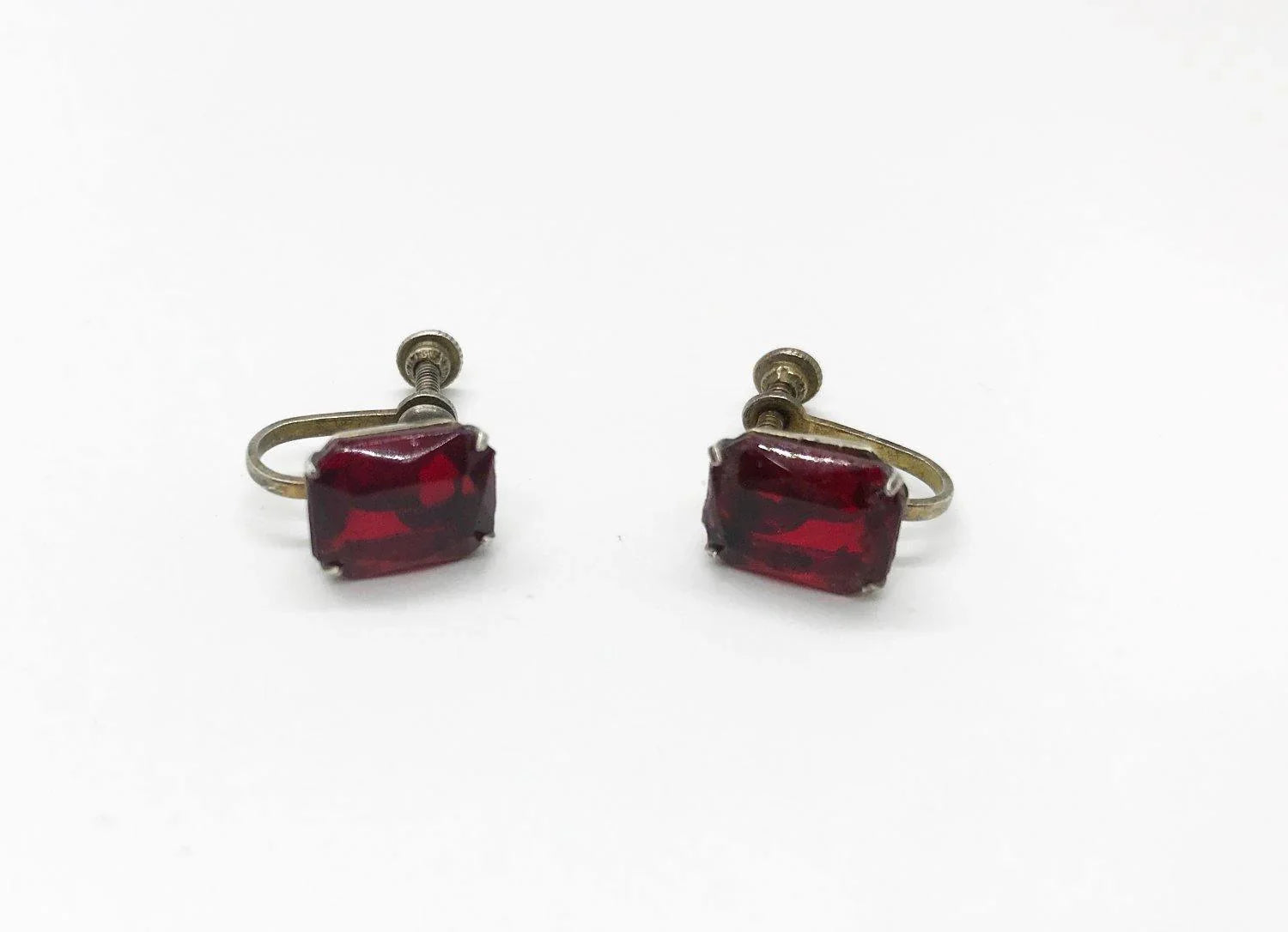Vintage Ruby Red Glass Sterling Silver Solitaire Earrings - Lamoree’s Vintage