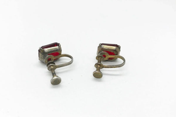 Vintage Ruby Red Glass Sterling Silver Solitaire Earrings - Lamoree’s Vintage