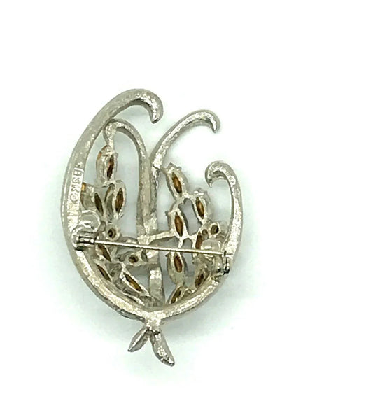Vintage Silvery BSK Abstract Brooch with Silver Gray Rhinestones - Lamoree’s Vintage